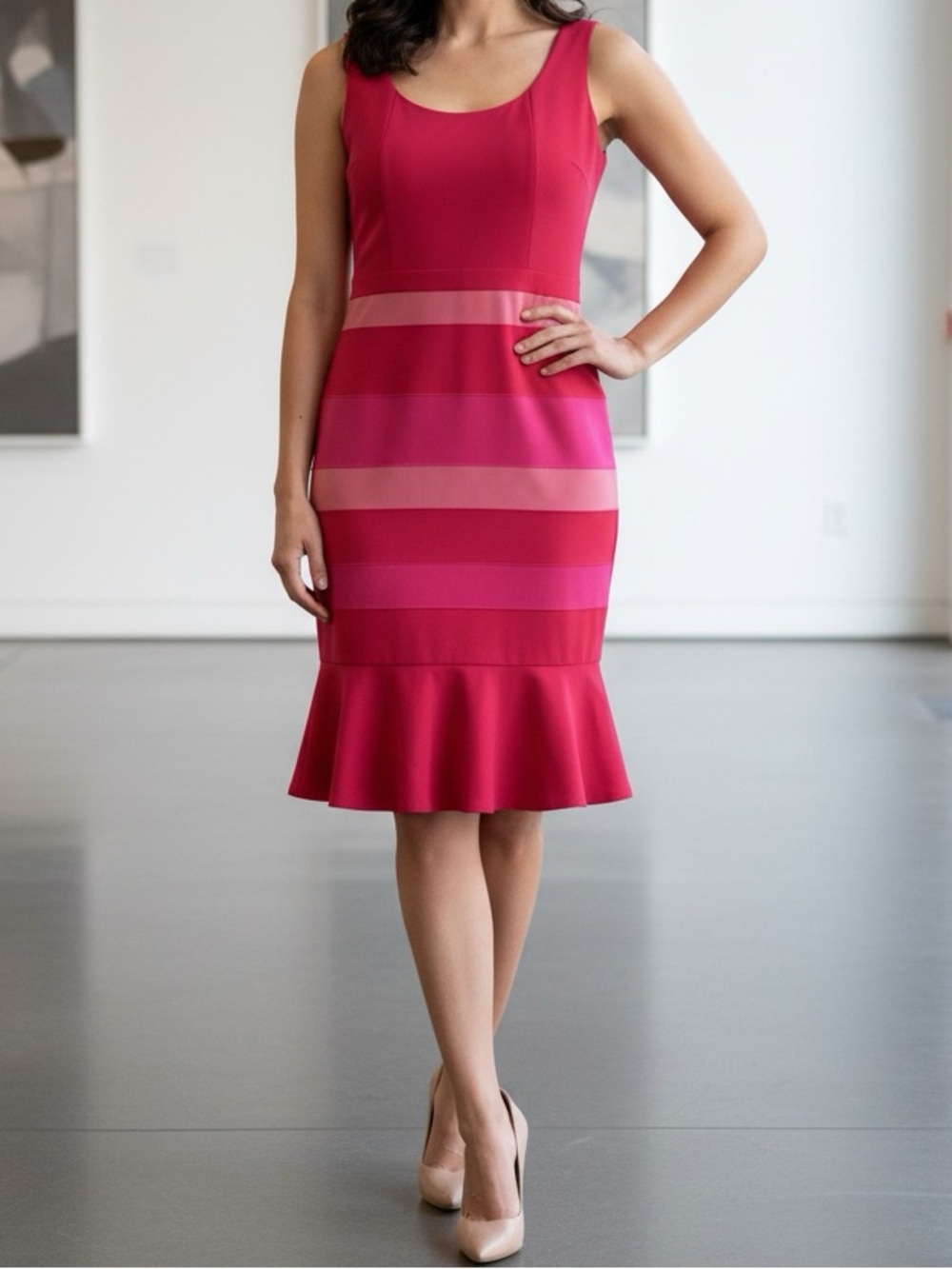 Belle Badgley Mischka Pink Striped Sleeveless Ruffle-Hem Dress Size 8